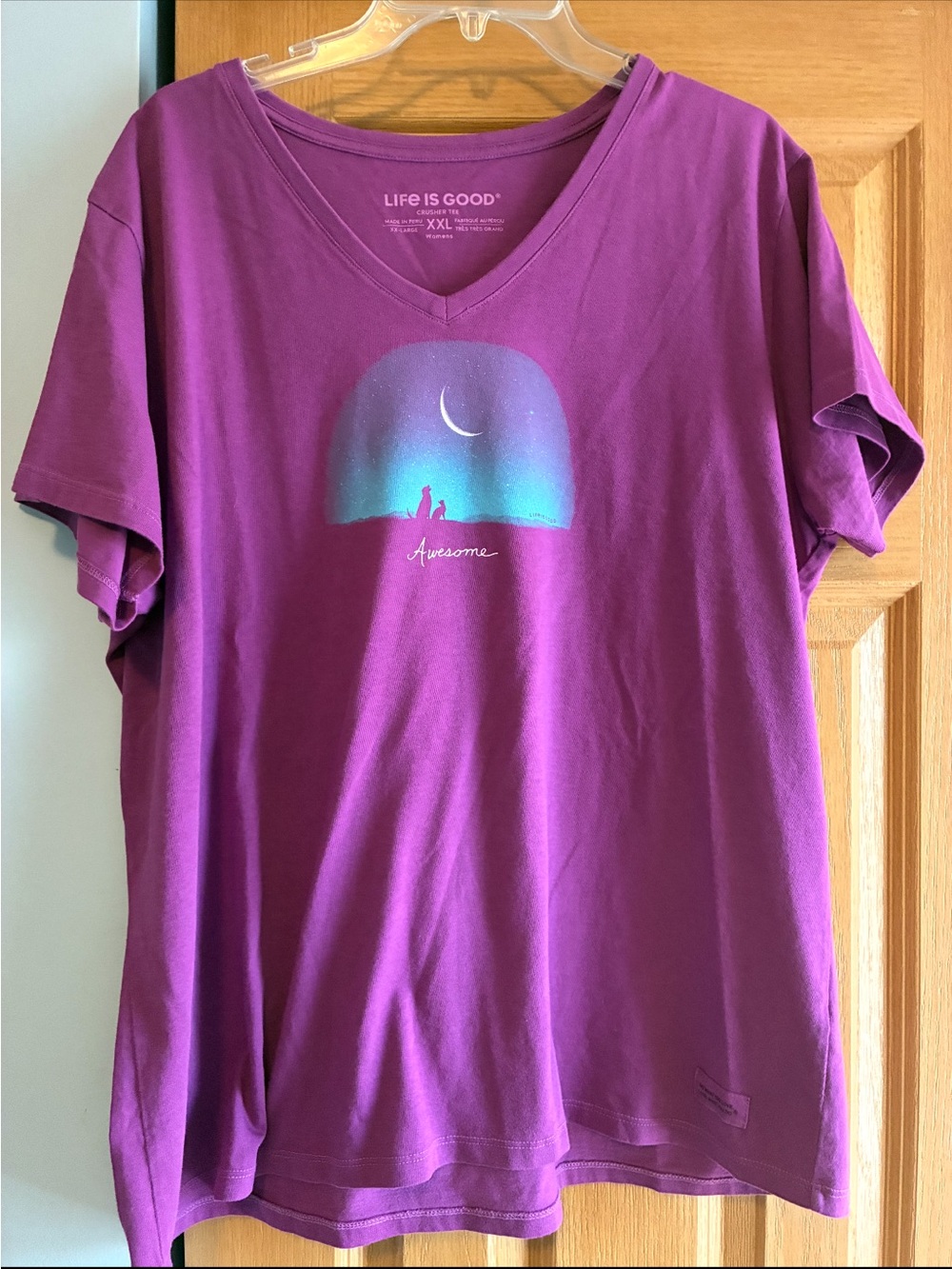 Life Is Good Purple V-Neck Tee with Moonlit Graphic